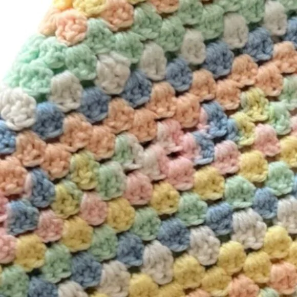 Handmade Pastel Rainbow Crocheted Baby Blanket / Lap Throw – 31"x33" - Picture 10 of 10